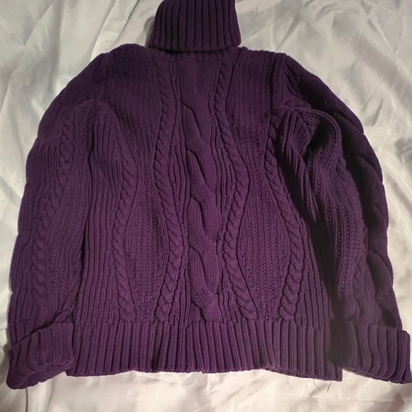 Turtle neck, thicker cable knit sweaters.  Green and purple.  Lands End, size L. - Picture 2 of 5